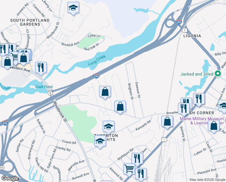map of restaurants, bars, coffee shops, grocery stores, and more near 68 Fellows Street in South Portland