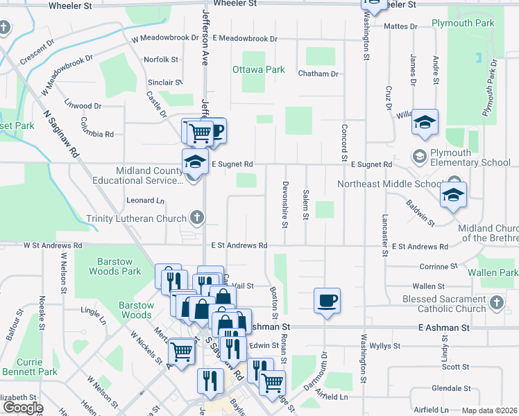 map of restaurants, bars, coffee shops, grocery stores, and more near 3715 Boston Street in Midland