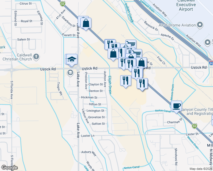 map of restaurants, bars, coffee shops, grocery stores, and more near 4301 Ashton Avenue in Caldwell