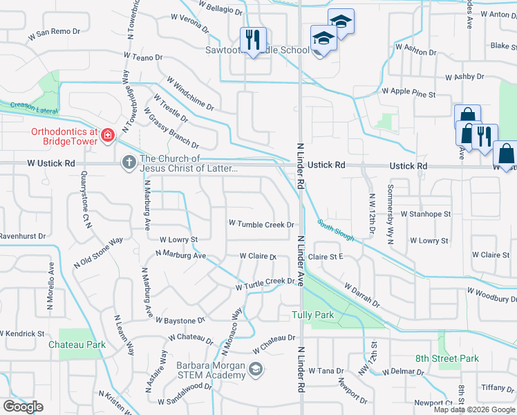 map of restaurants, bars, coffee shops, grocery stores, and more near 1812 West Whitestone Court in Meridian
