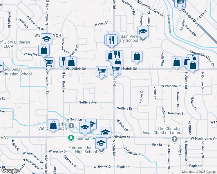 map of restaurants, bars, coffee shops, grocery stores, and more near 2999 North Cole Road in Boise