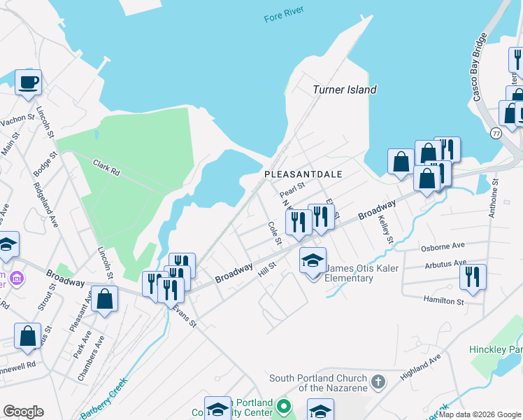 map of restaurants, bars, coffee shops, grocery stores, and more near 23 Cole Street in South Portland