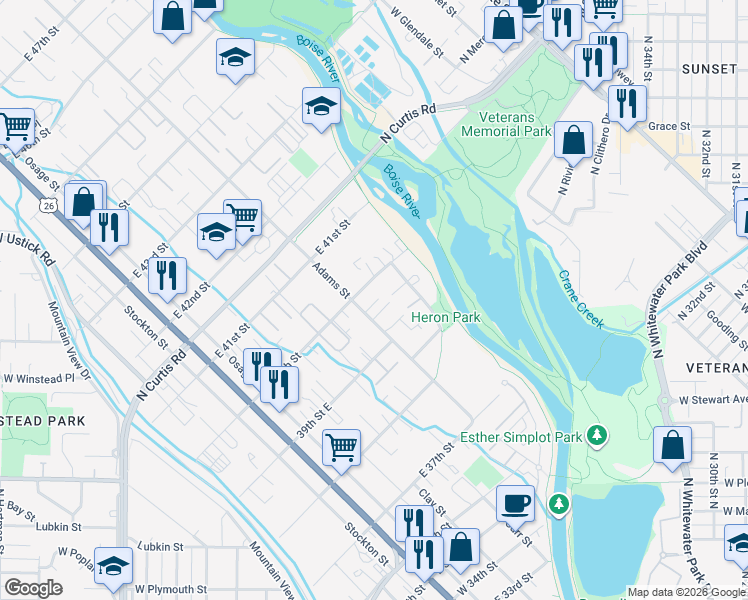 map of restaurants, bars, coffee shops, grocery stores, and more near 3972 North Adams Street in Boise