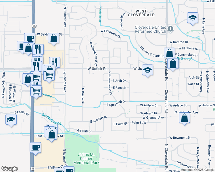 map of restaurants, bars, coffee shops, grocery stores, and more near 4084 East Race Street in Meridian