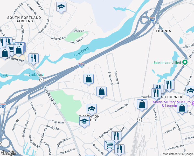 map of restaurants, bars, coffee shops, grocery stores, and more near 60 Fellows Street in South Portland