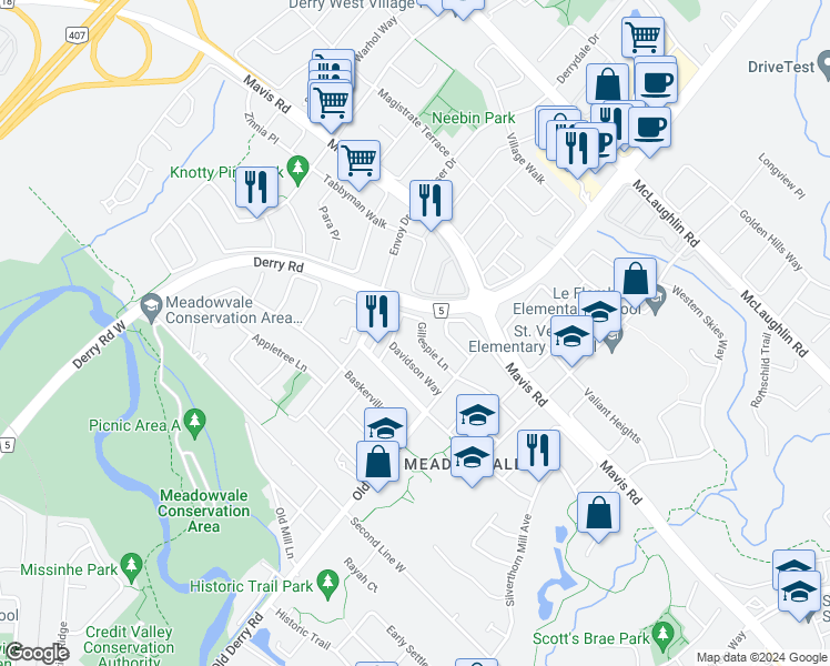 map of restaurants, bars, coffee shops, grocery stores, and more near 7094 Gillespie Lane in Mississauga
