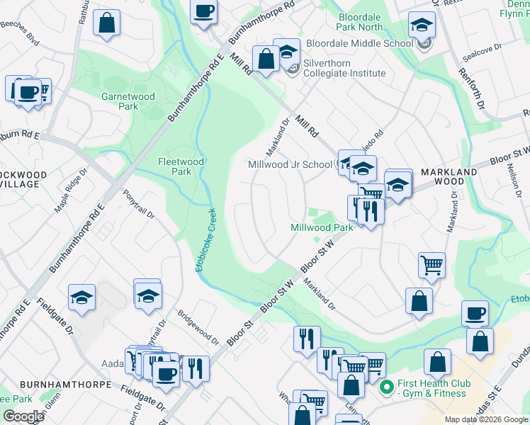 map of restaurants, bars, coffee shops, grocery stores, and more near 16 Cherry Post Crescent in Toronto