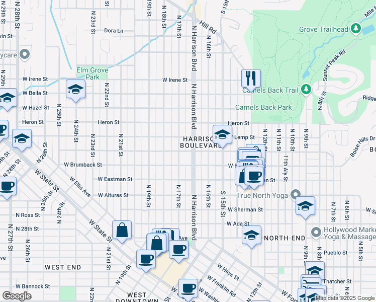 map of restaurants, bars, coffee shops, grocery stores, and more near 1666 West Ridenbaugh Street in Boise