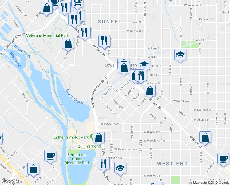 map of restaurants, bars, coffee shops, grocery stores, and more near 919 North 31st Street in Boise