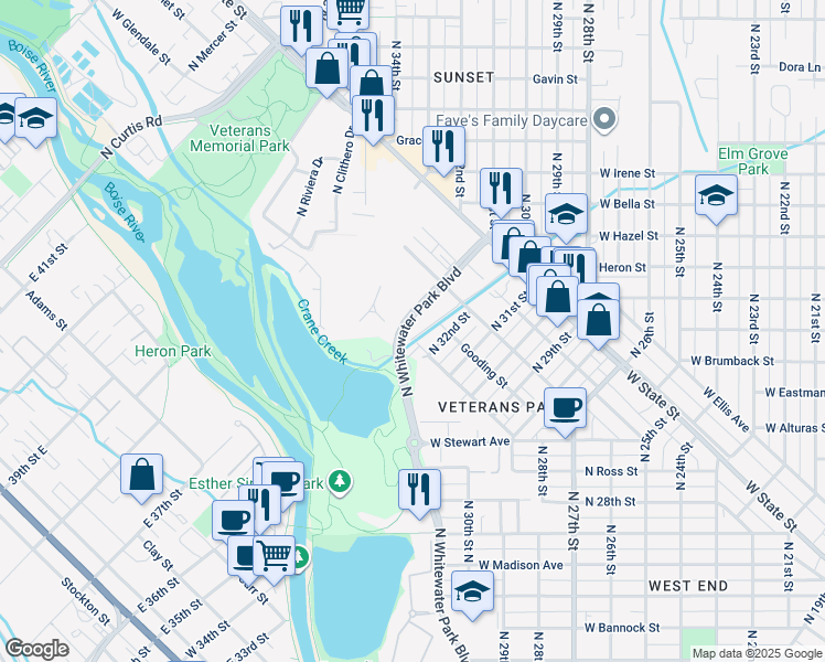 map of restaurants, bars, coffee shops, grocery stores, and more near 874 North Whitewater Park Boulevard in Boise