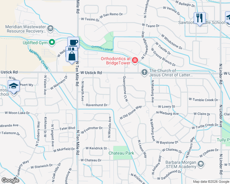 map of restaurants, bars, coffee shops, grocery stores, and more near 2989 North Fieldstone Way in Meridian
