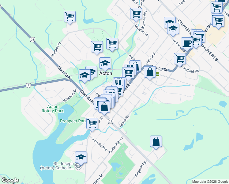 map of restaurants, bars, coffee shops, grocery stores, and more near 68 Bower Street in Acton