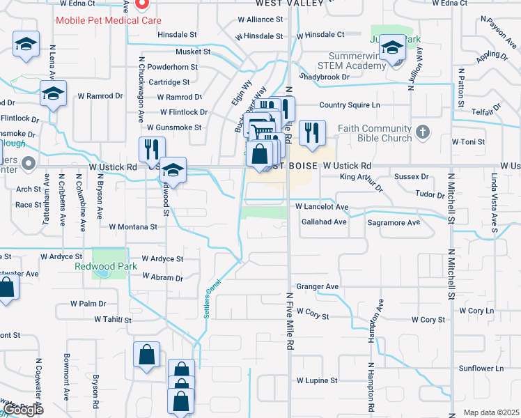 map of restaurants, bars, coffee shops, grocery stores, and more near 2995 North Five Mile Road in Boise