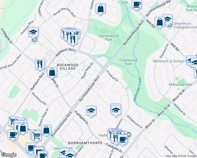 map of restaurants, bars, coffee shops, grocery stores, and more near 1868 Burnhamthorpe Road East in Mississauga