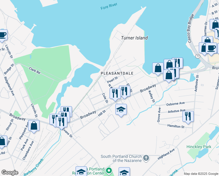 map of restaurants, bars, coffee shops, grocery stores, and more near 49 North Kelsey Street in South Portland