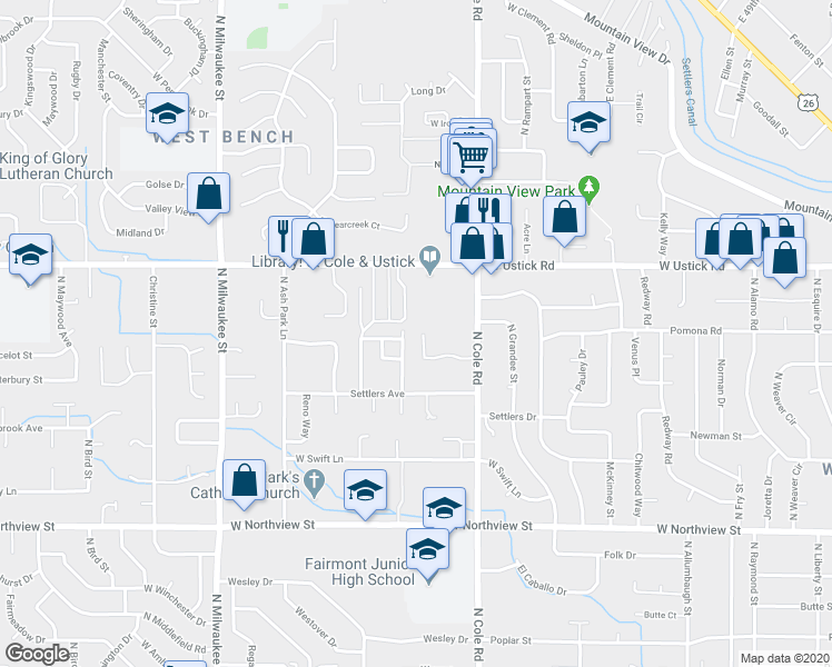 map of restaurants, bars, coffee shops, grocery stores, and more near 7597 West Tottenham Lane in Boise