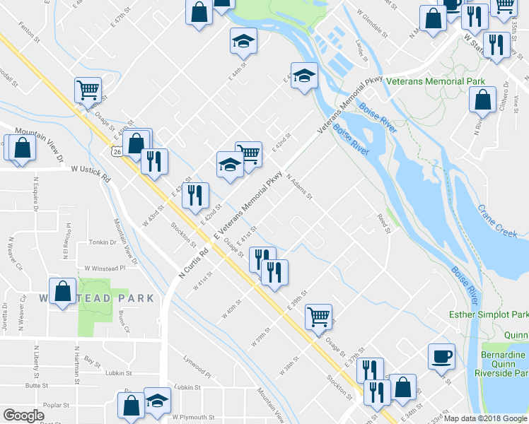 map of restaurants, bars, coffee shops, grocery stores, and more near 210 East 41st Street in Boise