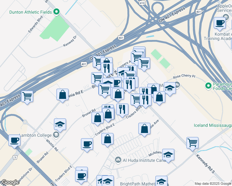 map of restaurants, bars, coffee shops, grocery stores, and more near 395 Brunel Road in Mississauga