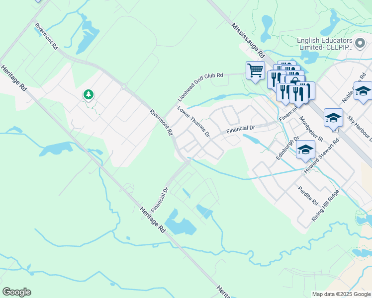 map of restaurants, bars, coffee shops, grocery stores, and more near 3 Temple Manor Road in Brampton