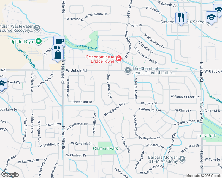 map of restaurants, bars, coffee shops, grocery stores, and more near 2652 West Whitestone Drive in Meridian