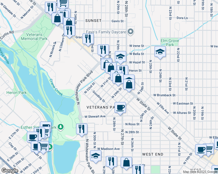 map of restaurants, bars, coffee shops, grocery stores, and more near 1017 North 30th Street in Boise