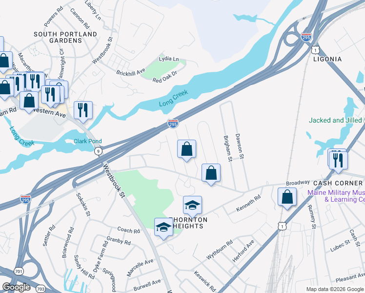 map of restaurants, bars, coffee shops, grocery stores, and more near 62 Linton Street in South Portland