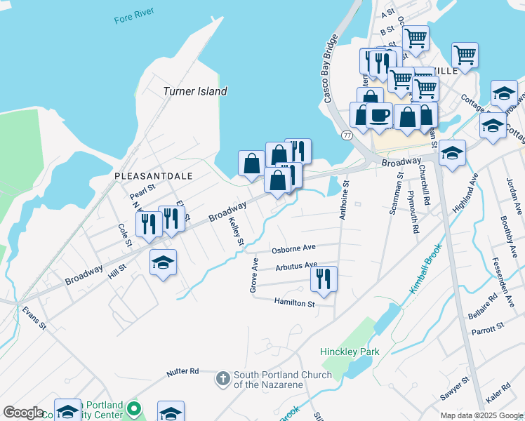 map of restaurants, bars, coffee shops, grocery stores, and more near 18 Tanner Street in South Portland