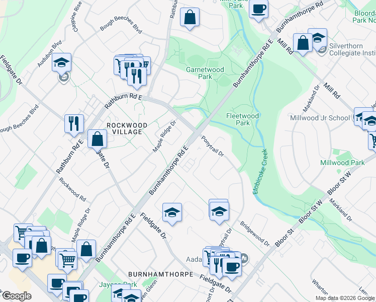 map of restaurants, bars, coffee shops, grocery stores, and more near 1868 Burnhamthorpe Road East in Mississauga