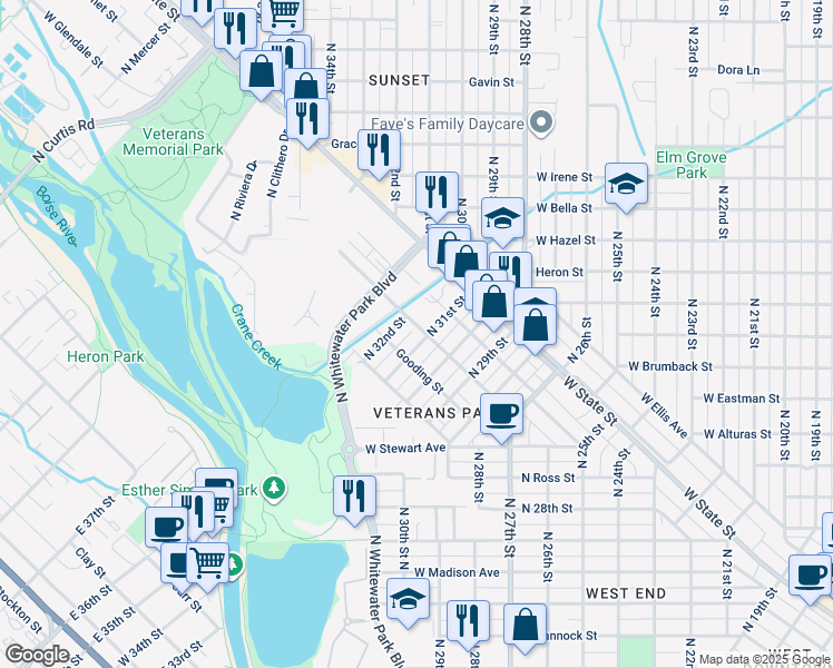 map of restaurants, bars, coffee shops, grocery stores, and more near 919 North 31st Street in Boise