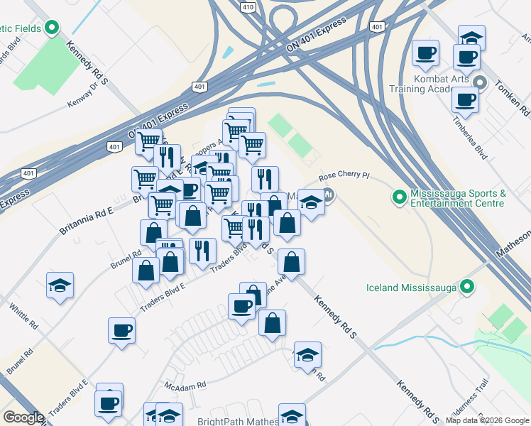 map of restaurants, bars, coffee shops, grocery stores, and more near 5716 Coopers Avenue in Mississauga