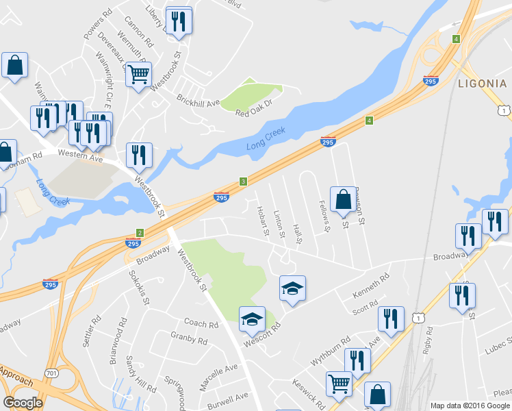 map of restaurants, bars, coffee shops, grocery stores, and more near 39 Hobart Street in South Portland
