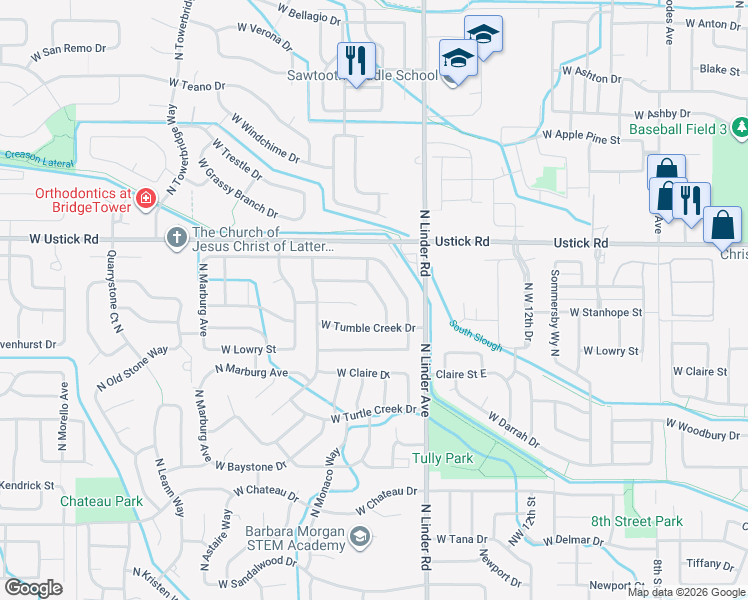 map of restaurants, bars, coffee shops, grocery stores, and more near 1812 West Whitestone Court in Meridian