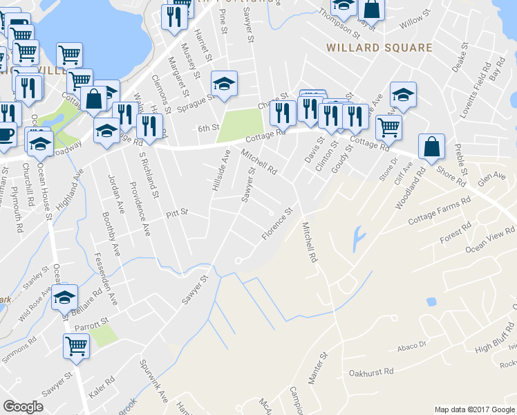 map of restaurants, bars, coffee shops, grocery stores, and more near 21 Sterling Avenue in South Portland