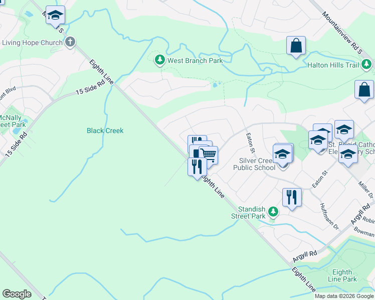 map of restaurants, bars, coffee shops, grocery stores, and more near 34 Meadowlark Drive in Halton Hills