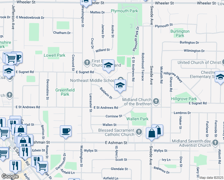 map of restaurants, bars, coffee shops, grocery stores, and more near 1212 East Sugnet Road in Midland