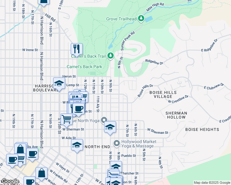 map of restaurants, bars, coffee shops, grocery stores, and more near 738 West Ridenbaugh Street in Boise