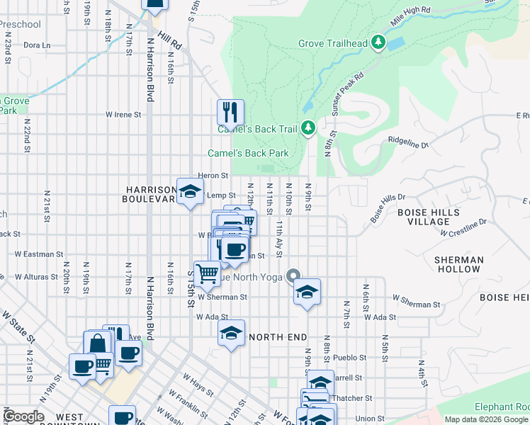 map of restaurants, bars, coffee shops, grocery stores, and more near 1198 West Ridenbaugh Street in Boise