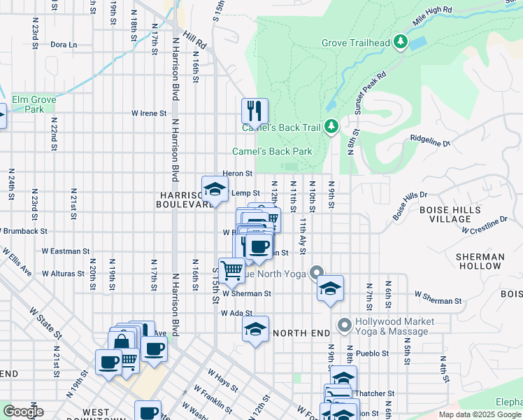 map of restaurants, bars, coffee shops, grocery stores, and more near 1305 West Ridenbaugh Street in Boise