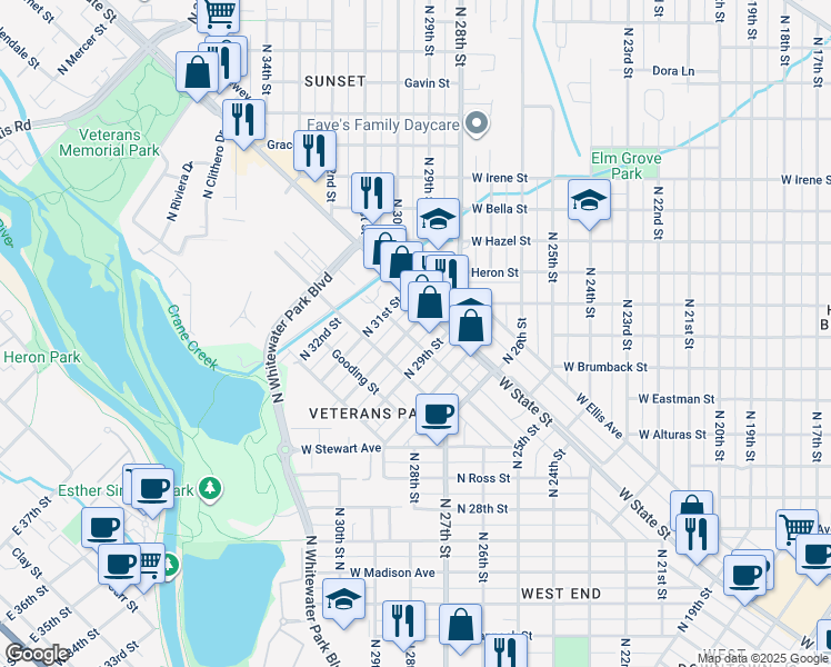 map of restaurants, bars, coffee shops, grocery stores, and more near 2901 West State Street in Boise