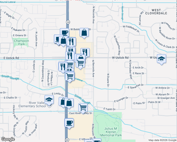 map of restaurants, bars, coffee shops, grocery stores, and more near 3475 East Ustick Road in Meridian