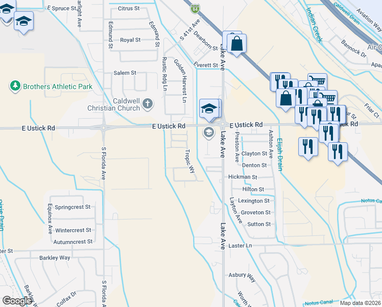 map of restaurants, bars, coffee shops, grocery stores, and more near 4310 South Lake Avenue in Caldwell
