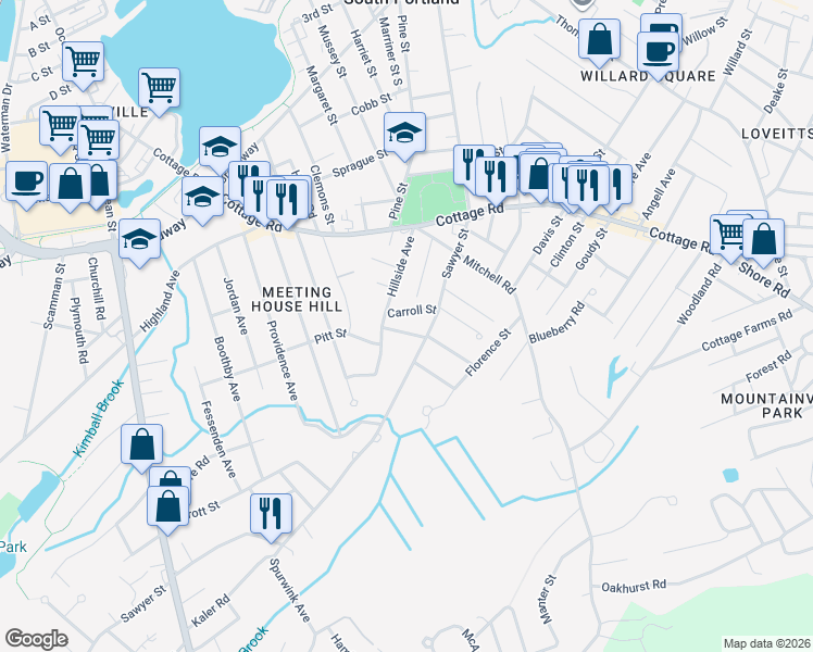 map of restaurants, bars, coffee shops, grocery stores, and more near 11 Vivian Street in South Portland