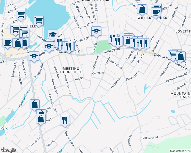 map of restaurants, bars, coffee shops, grocery stores, and more near 11 Vivian Street in South Portland