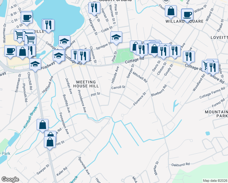 map of restaurants, bars, coffee shops, grocery stores, and more near 11 Vivian Street in South Portland