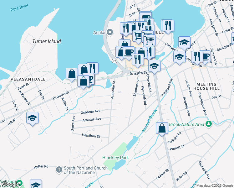 map of restaurants, bars, coffee shops, grocery stores, and more near 42 Anthoine Street in South Portland