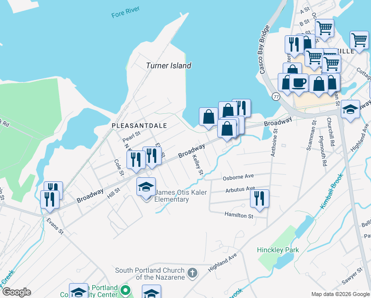 map of restaurants, bars, coffee shops, grocery stores, and more near 841 Broadway in South Portland