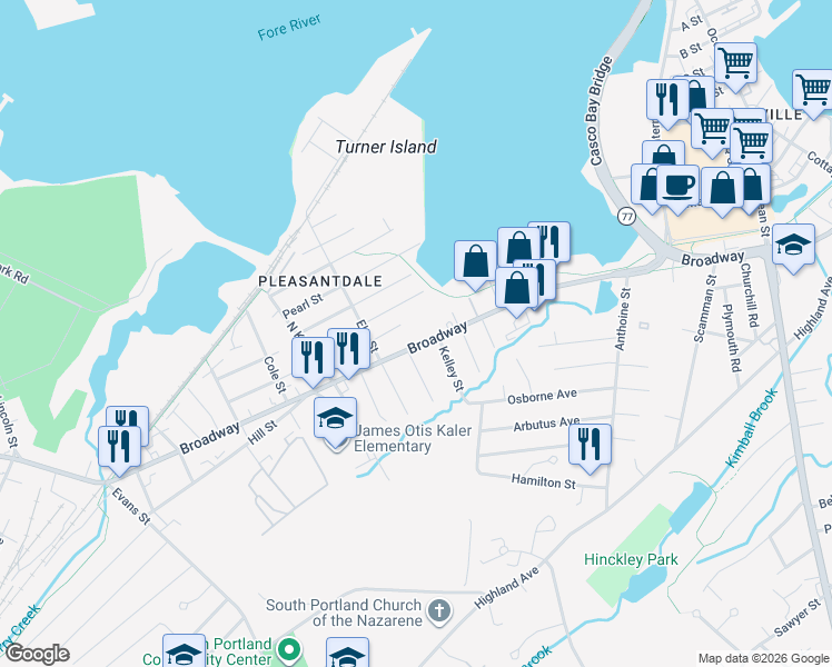 map of restaurants, bars, coffee shops, grocery stores, and more near 841 Broadway in South Portland