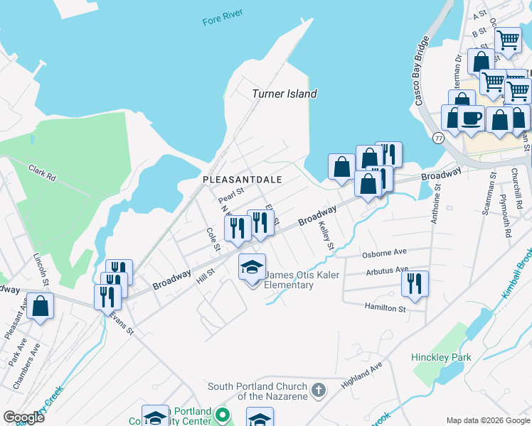 map of restaurants, bars, coffee shops, grocery stores, and more near 200 Elm Street in South Portland