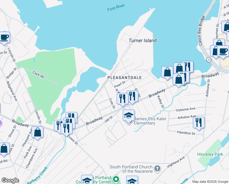 map of restaurants, bars, coffee shops, grocery stores, and more near 49 North Kelsey Street in South Portland