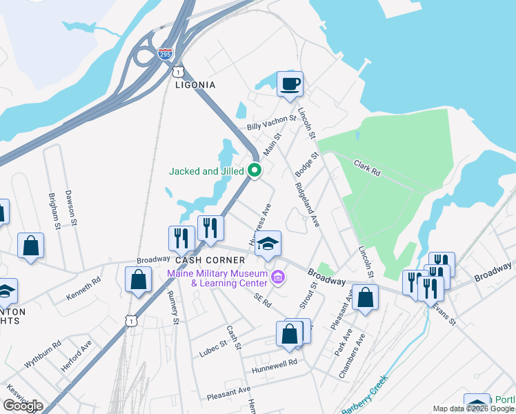 map of restaurants, bars, coffee shops, grocery stores, and more near 32 Bishop Avenue in South Portland
